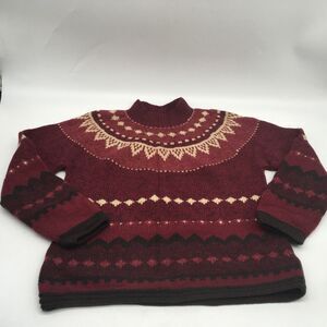 Vtg Lands End Red Pink Fair Isle 100% Wool Sweater Womens Petite Med Mock Neck